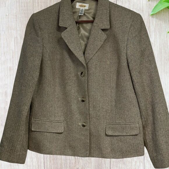 Talbots‎ Womens Blazer Size 12 Brown Herringbone Vintage Italian Cotton Silk - Picture 1 of 9